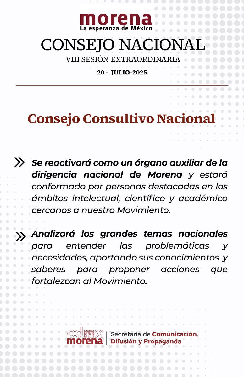 SRIACOMUMORENA's tweet image. Hoy, en el VIII Consejo Nacional Extraordinario de Morena, se definen cuatro ejes clave que marcarán el rumbo del movimiento rumbo a 2027:
1️⃣ Comités Seccionales
2️⃣ Plan Municipalista
3️⃣ Comisión Evaluadora
4️⃣ Consejo Consultivo Nacional
💬 Unidad, territorio, convicción y futuro