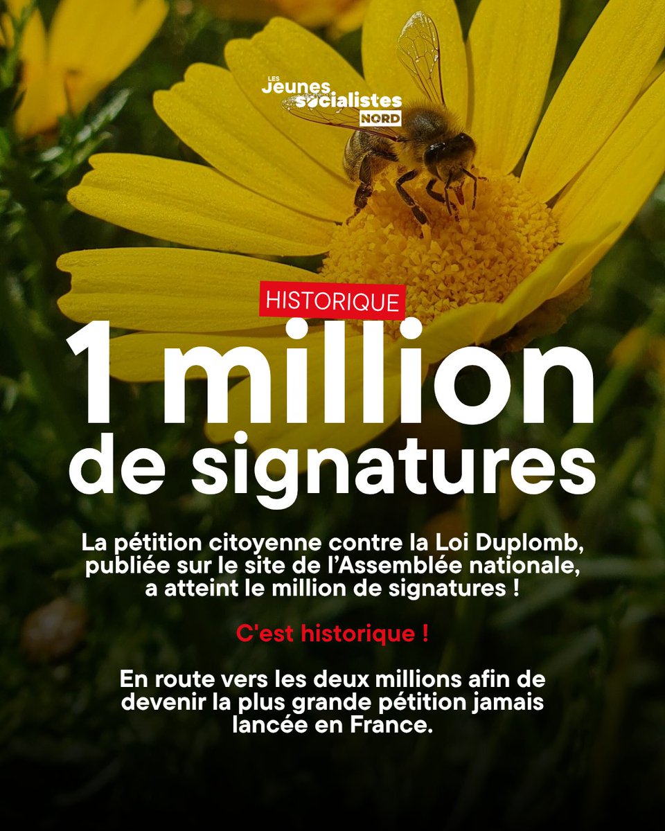 La pétition citoyenne contre la Loi Duplomb, publiée sur le site de l’Assemblée nationale, a atteint le million de signatures !

‼️ C'est historique !

En route vers les deux millions afin de devenir la plus grande pétition jamais lancée en France.

➡️ petitions.assemblee-nationale.fr/initiatives/i-…