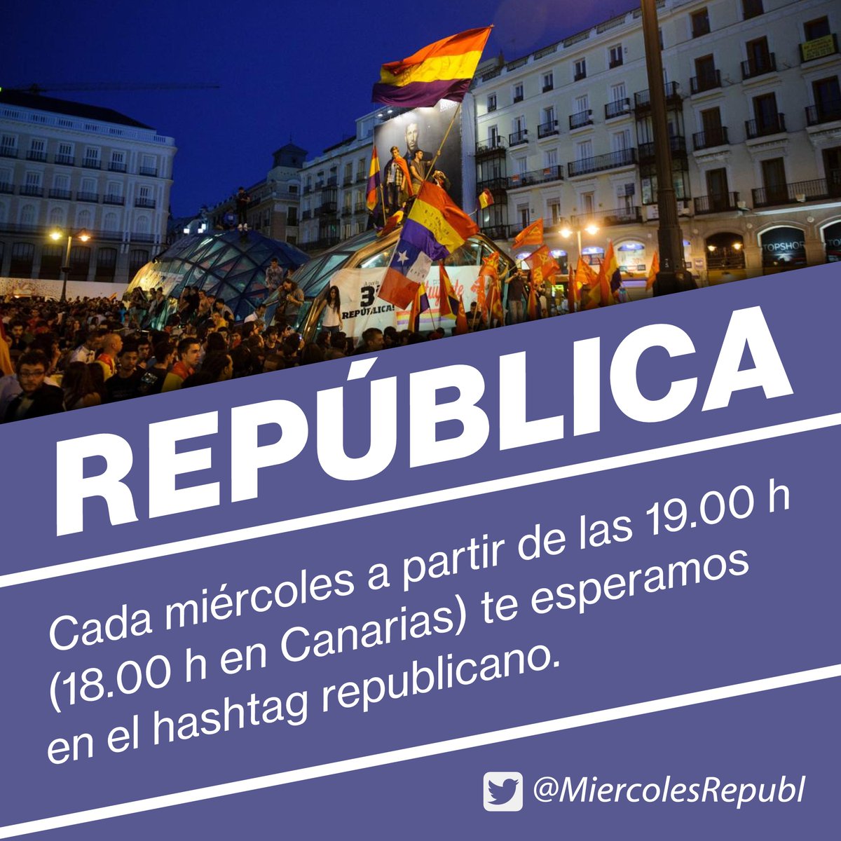 🔻Eire (@hannyvyk) on Twitter photo #FelizMiercoles
¡España, mañana, será Republicana! ❤️💛💜
Prepara tus mejores tuits por la III República para esta tarde, y únete todos los miércoles desde las 19 (18 en Canarias), a tuitear por la III República con el hashtag de
<a href="/MiercolesRepubl/">Miércoles Republicano ❤️💛💜</a> #FelizMiercoles
¡España, mañana, será Republicana! ❤️💛💜
Prepara tus mejores tuits por la III República para esta tarde, y únete todos los miércoles desde las 19 (18 en Canarias), a tuitear por la III República con el hashtag de
<a href="/MiercolesRepubl/">Miércoles Republicano ❤️💛💜</a>