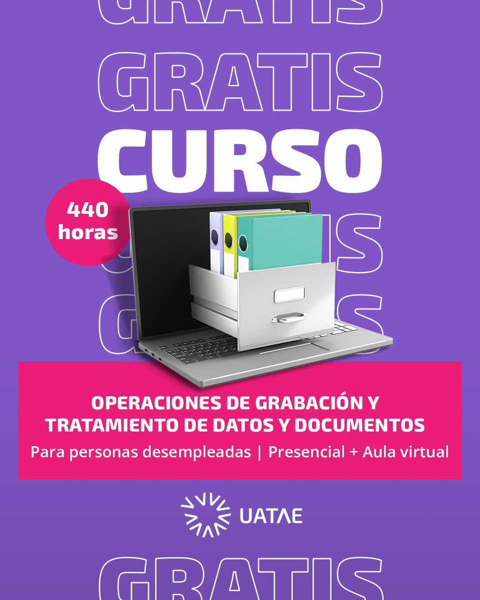 Con este curso gratuito aprenderás a grabar, tratar y archivar datos y documentos con calidad y eficiencia.

✅ Curso 100% gratuito para personas desempleadas  ✅ Modalidad mixta

🔗 Reserva tu plaza: uatae.org/operaciones-de…

#UATAE #FormaciónGratuita #CursosMadrid