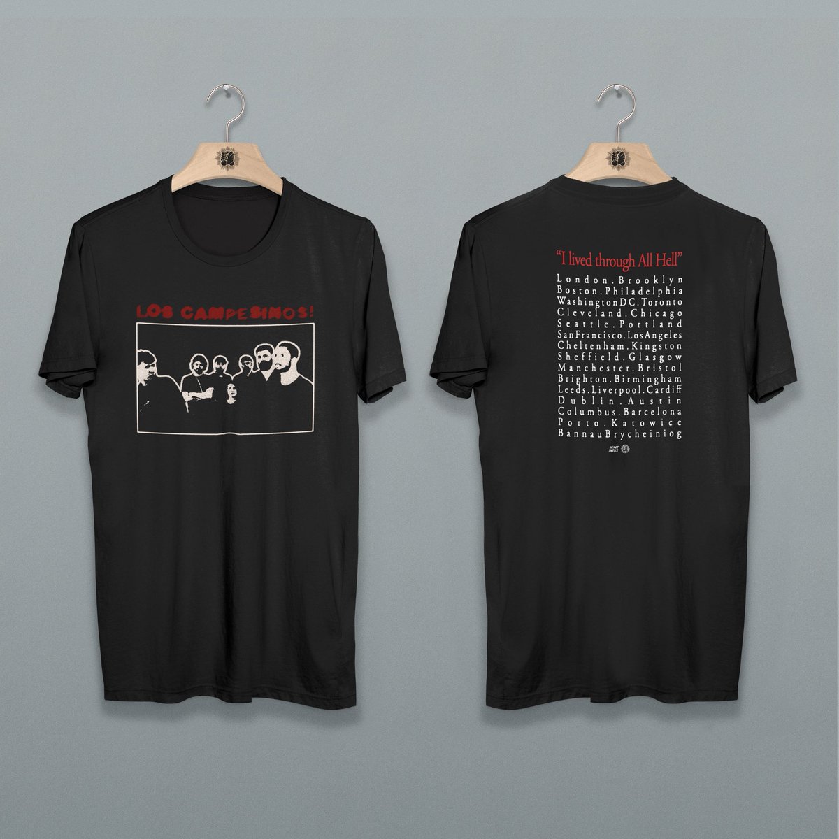 LosCampesinos's tweet image. There’s currently 2️⃣0️⃣% off everything on our merch store, ending 3pm Monday.
Including this new blag tour t-shirt, listing every town and city we’ve played in the All Hell era.
Discount automatically applied at checkout.
🛍️ store.loscampesinos.com