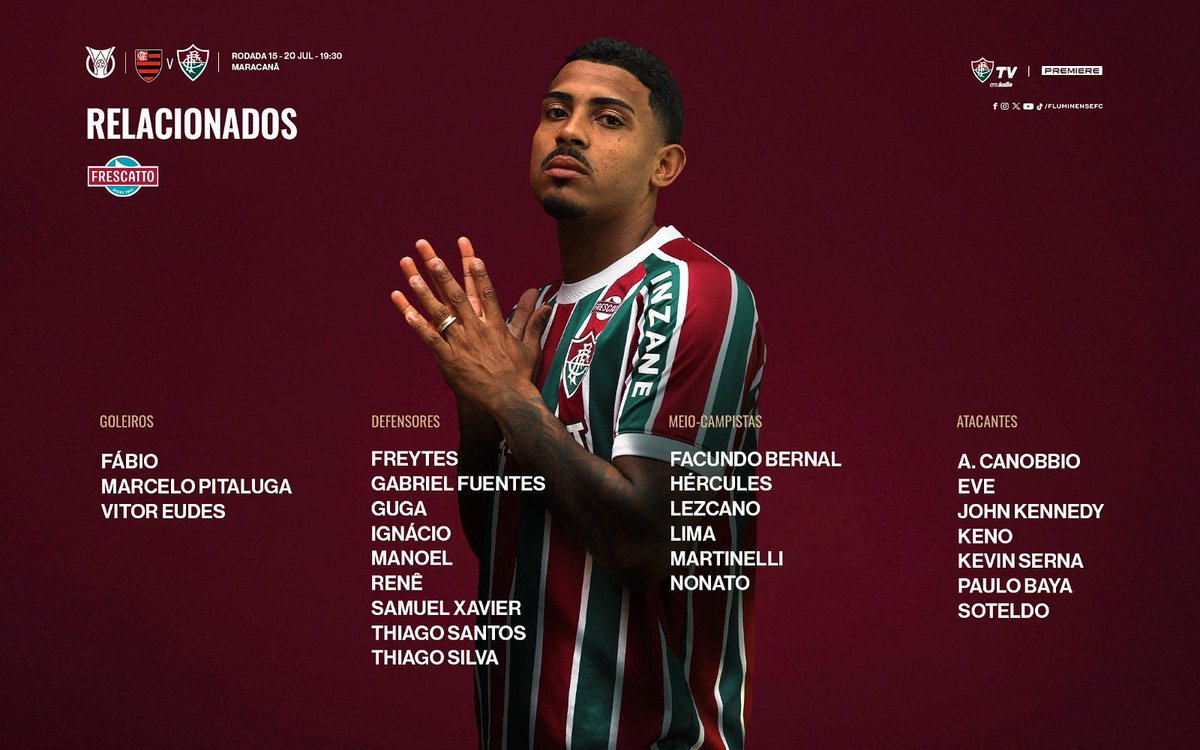 Lista de relacionados para o clássico de hoje! John Kennedy aparece pela primeira vez na relação após sua volta ao Fluminense. 

Ganso segue se recuperando e Cano está fora, sem justificativa no material divulgado pelo clube. Normalmente, quando é assim, se trata de opção