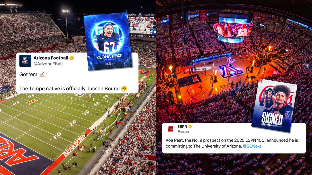 AZATHLETICS's tweet image. Same state, new stage šµ
The Peats are here & ready to rep red & blue this fall for
@ArizonaMBB & @ArizonaFBall! šš
You can listen to the full interview with incoming freshman @kpeat10 in the latest episode of Wildcat Wednesday on the Bear Down Podcast, available anywhereā¦
