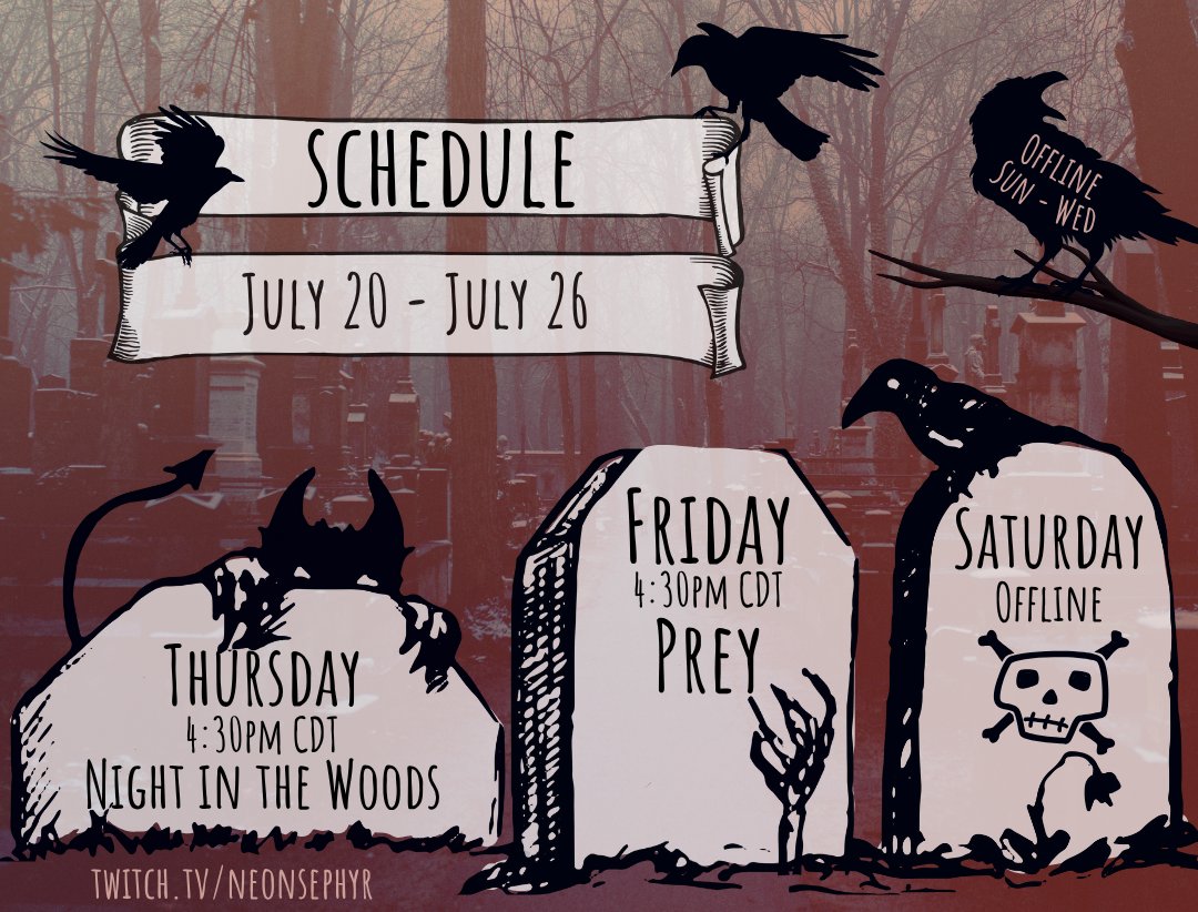 Here's the schedule for this week! (July 20-26)
I'll be spending the day with boy on Saturday for his birthday, so no stream then.
Can't wait to see you guys Thursday and Friday though! 💜
twitch.tv/neonsephyr