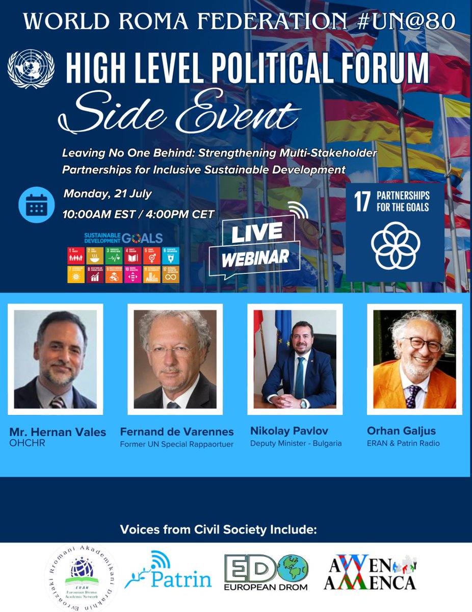 La Forum politique de haut niveau ECOSOC 2025 a lieu lundi 21 juillet. Honoré de prendre la parole à l'événement parallèle organisé par la Fédération mondiale Roms pour traiter des mesures concrètes pour assurer l'inclusion réelle plutôt que le symbolisme. events.teams.microsoft.com/event/c21220bb…