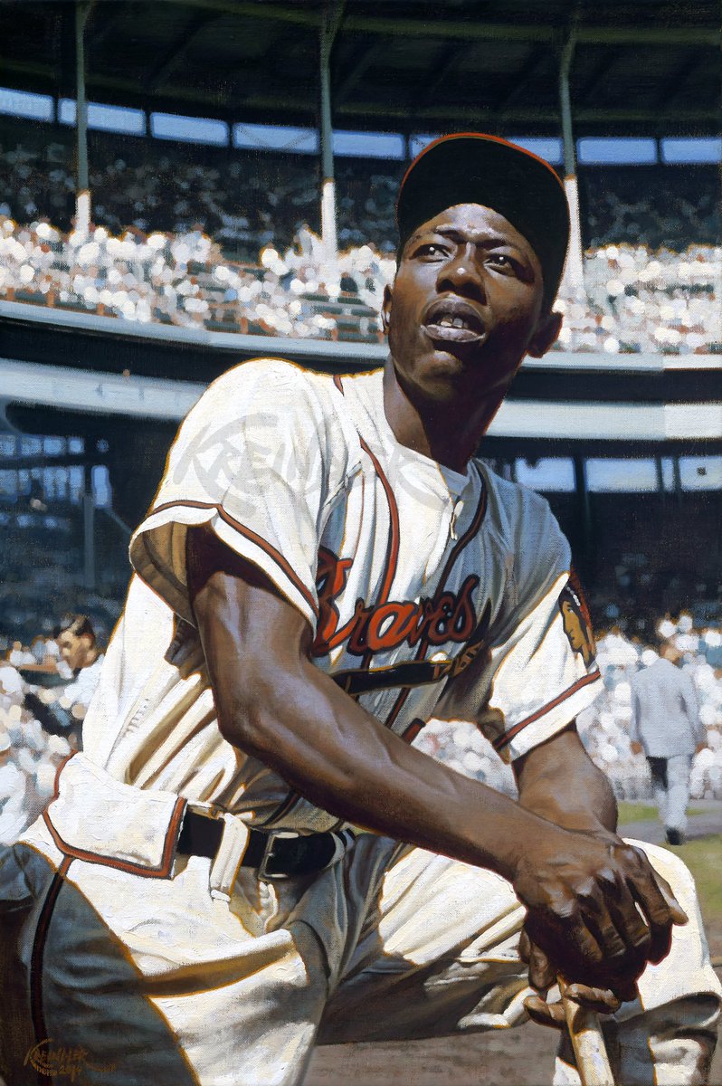 GraigKreindler's tweet image. #OTD in 1976, Henry Aaron hit his 755th career home run off of the Angels' righty Dick Drago, helping the Brewers win, 6-2. Here’s my painting of the slugger as a younger man with Milwaukee twenty years earlier at County Stadium, based on the photography of Hy Peskin.
