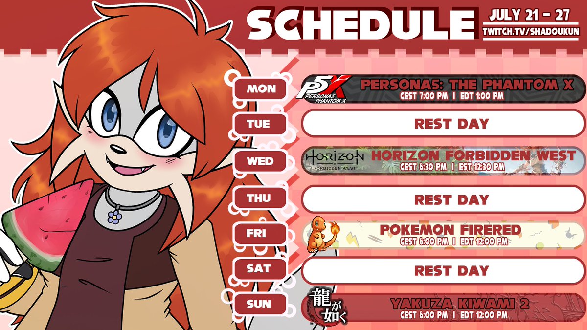 ShadoukunYT's tweet image. Stream Schedule: July 21-27
This is going to be a very hot week. Make sure you hydrate!
Art: @Irisviel_Art
