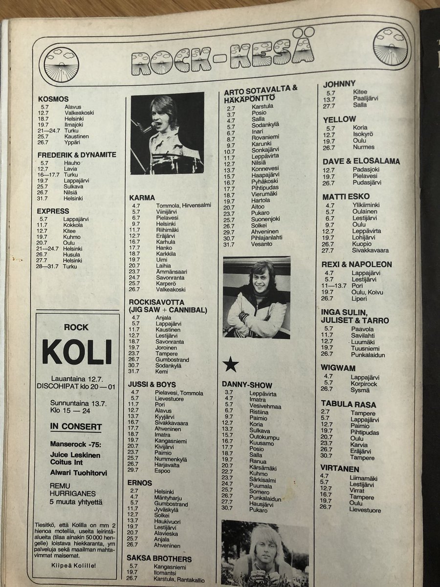 EtusivunJuttu's tweet image. Intro 7/1975

50 vuotta sitten mukana #porijazz-katsaus.
Keikkakalenterien mukaan kiirettä piti ainakin Katri Helenalla, Kirkalla, Dannylla ja Arto Sotavallalla.
#Hurriganes, Juice ja glam rock olivat lukijoiden suosikit.
US- ja UK-listat olivat toista maata (pun intended).