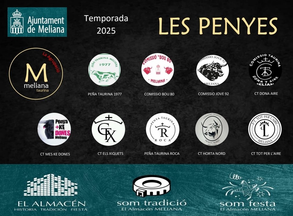 En Meliana son las verdaderas protagonistas: #Las Peñas.

Con 9 asociaciones taurinas y 2 asociaciones culturales-taurinas, Meliana mira al futuro mas fuertes que nunca.

#LaAgrupació #MelianaTaurina #Meliana #SomHistoria #SomFesta #SomArrels