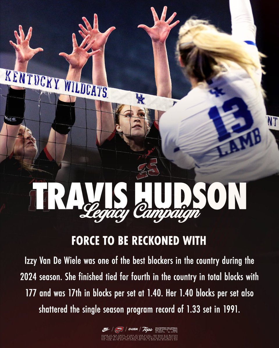 WKUVolleyball's tweet image. Izzy's hosting a block party at Diddle Arena and you're invited! She was one of the top five blockers in 2024 and also shattered a WKU Volleyball single season program record in the process.
Head to wkusports.com/LegacyCampaign to donate!
#GoTops