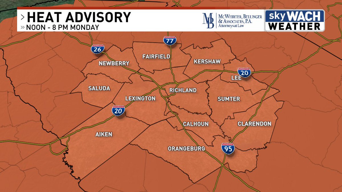 TKanost's tweet image. A Heat Advisory will be in effect from noon to 8 pm on Monday. Heat index values could climb as high as 110.