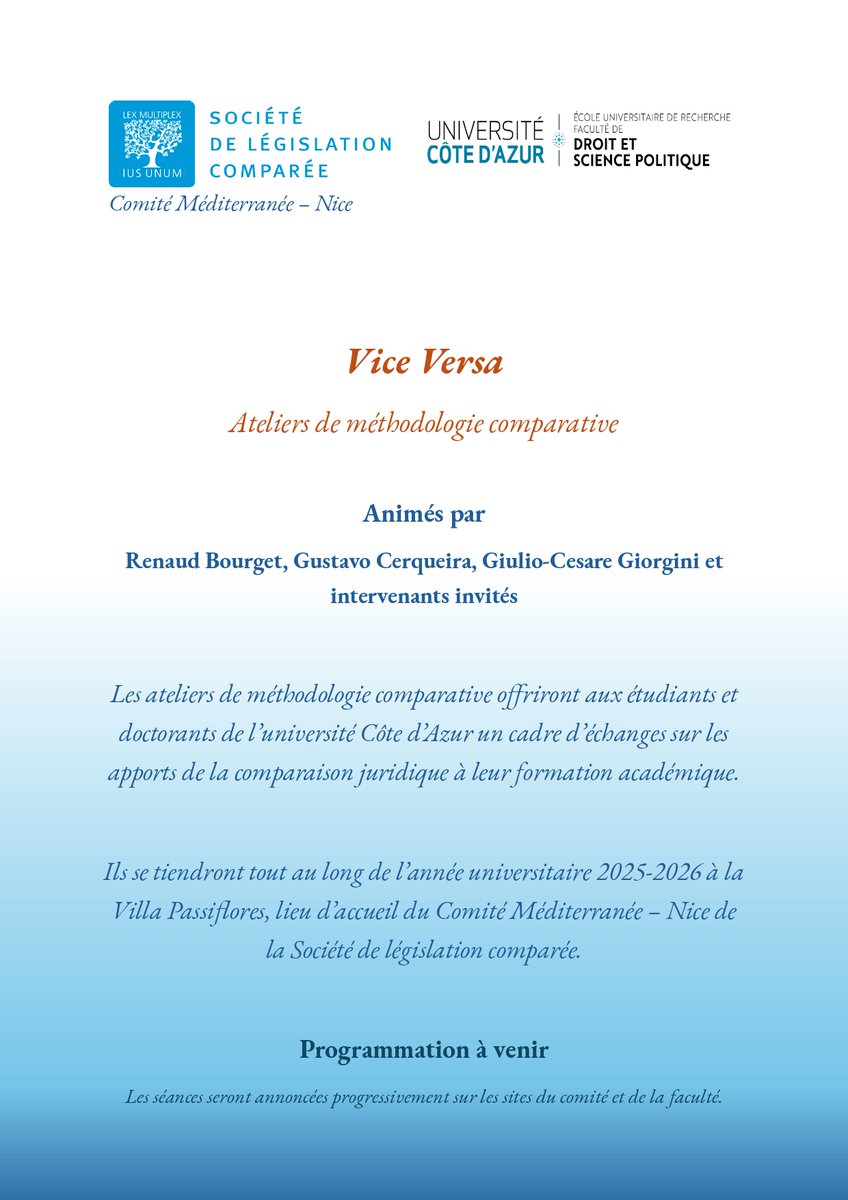 Gustavo Cerqueira (@gus_cerqueira) on Twitter photo 🚀 Bientôt à Nice : les Ateliers Vice Versa, pour explorer la méthodologie comparative autrement.
<a href="/legiscompare/">Société de législation comparée</a> <a href="/DroitScPoNice/">DroitSciencePoNice</a>
#Droit #ComparaisonJuridique #UniversitéCôtedAzur #AteliersViceVersa #SLCNice 🚀 Bientôt à Nice : les Ateliers Vice Versa, pour explorer la méthodologie comparative autrement.
<a href="/legiscompare/">Société de législation comparée</a> <a href="/DroitScPoNice/">DroitSciencePoNice</a>
#Droit #ComparaisonJuridique #UniversitéCôtedAzur #AteliersViceVersa #SLCNice