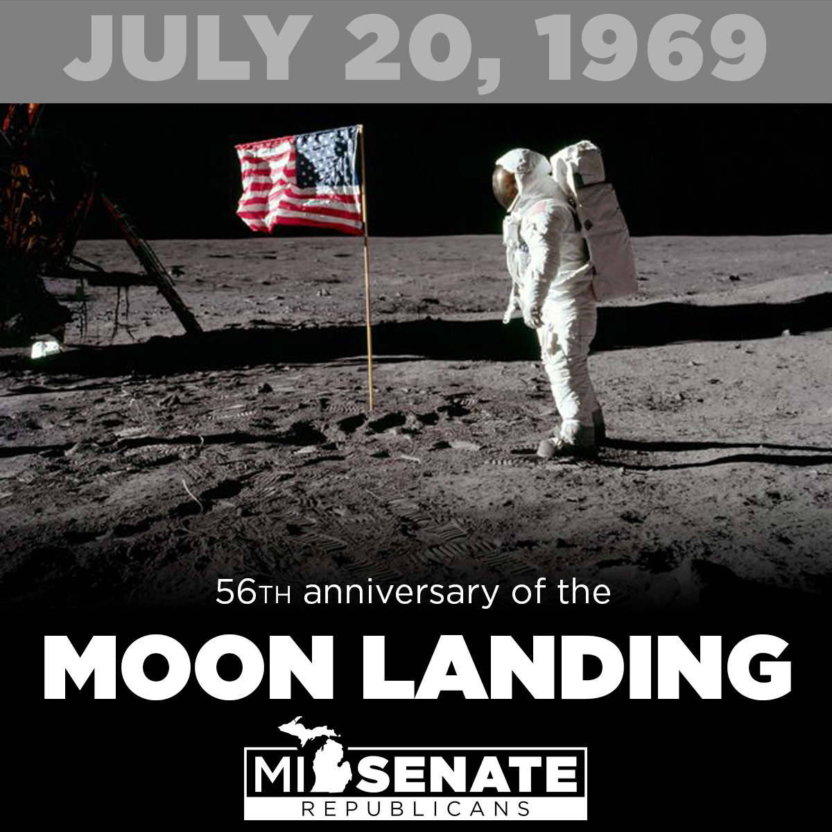 MISenate's tweet image. Fifty-six years ago today, American astronauts Neil Armstrong and Buzz Aldrin set foot on the moon, becoming a part of one of the biggest moments in human history as part of the Apollo 11 mission.