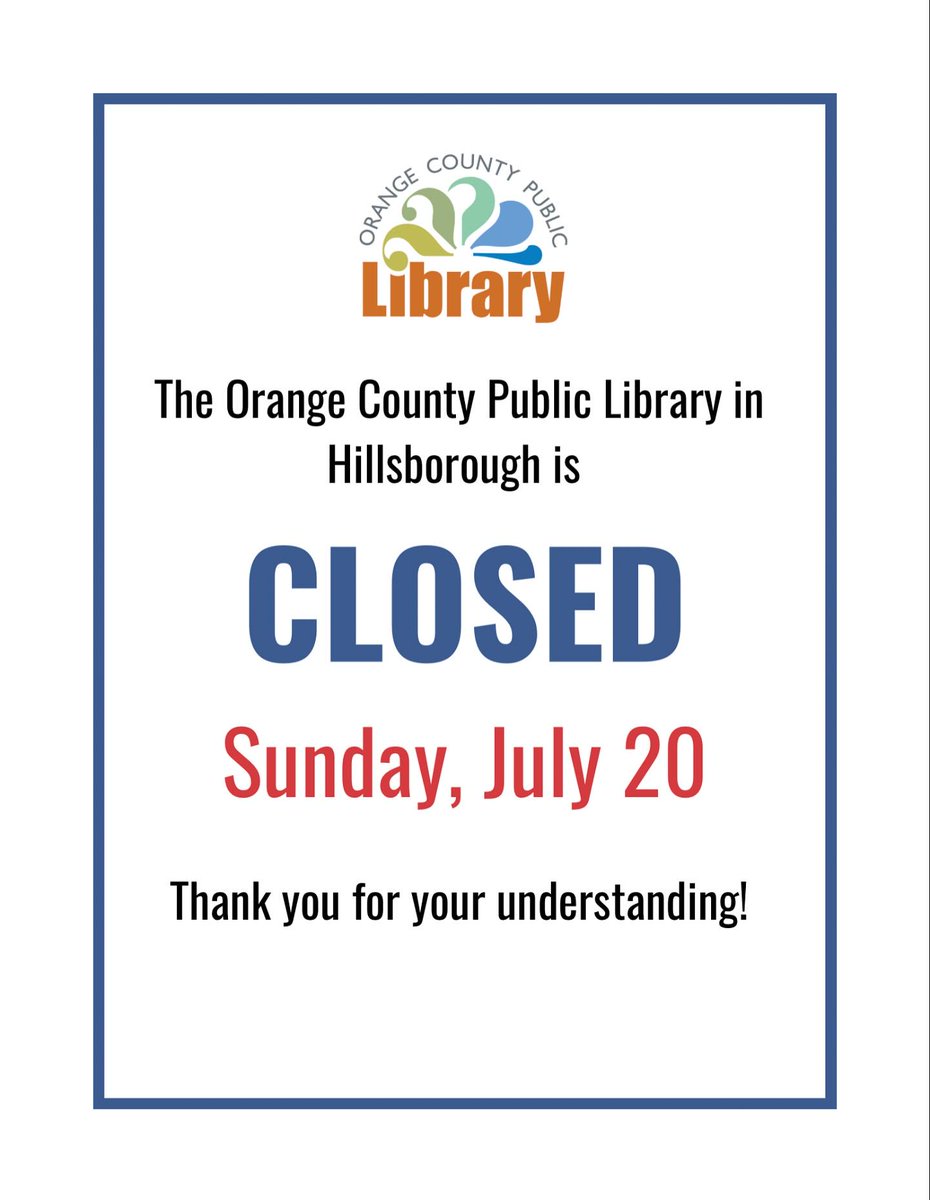 OCNCGOV's tweet image. The Orange County Public Library in Hillsborough is closed today due to storm damage to the building's chiller system.
The Southern Branch Library in Carrboro remains open.