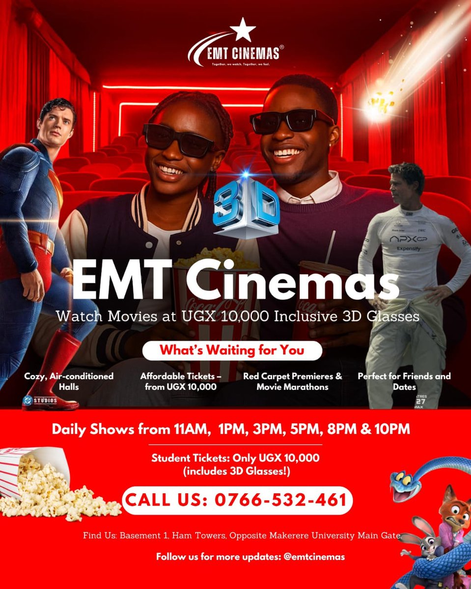 makdebateunion's tweet image. Feel every explosion, every whispered word, and every soaring soundtrack with cutting-edge audio systems that pull you right into the heart of action at EMT Cinena.
Located at Ham Towers Basement opposite Makerere University Maingate.