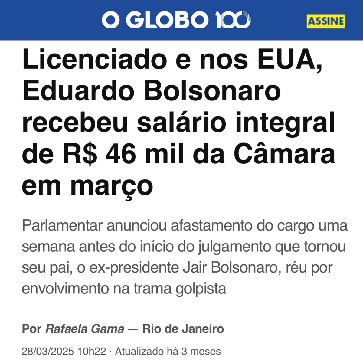BolsonaroSP's tweet photo. A preocupação do Globo não é com o dinheiro público, mas aproveito aqui para esclarecer: desde que me licenciei estou sem receber salário e não tenho nenhuma despesa coberta por verba de gabinete ou diárias sendo pagas, em que pese seguir trabalhando pelo Brasil.

Minha assessoria sim segue na Câmara e a disposição do meu suplente.

Nada de motiva mais do que servir ao meu país, minha terra para onde pretendo retornar. Mas isso passa por resgatar as liberdades. Não é para mim, mas sim para todos nós.

Deus queira em breve poderei reencontrar meus familiares e apoiadores.