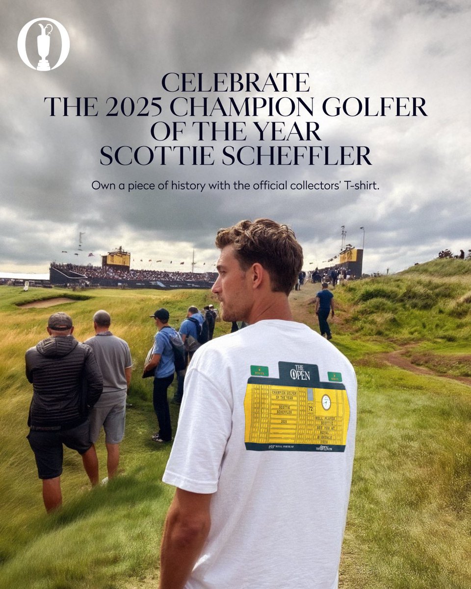 TheOpen's tweet image. Scottie Scheffler: Champion Golfer of the Year.
To honour his victory, this limited-edition collector’s t-shirt celebrates a new chapter in The Open's history: go.theopen.com/CollectorX