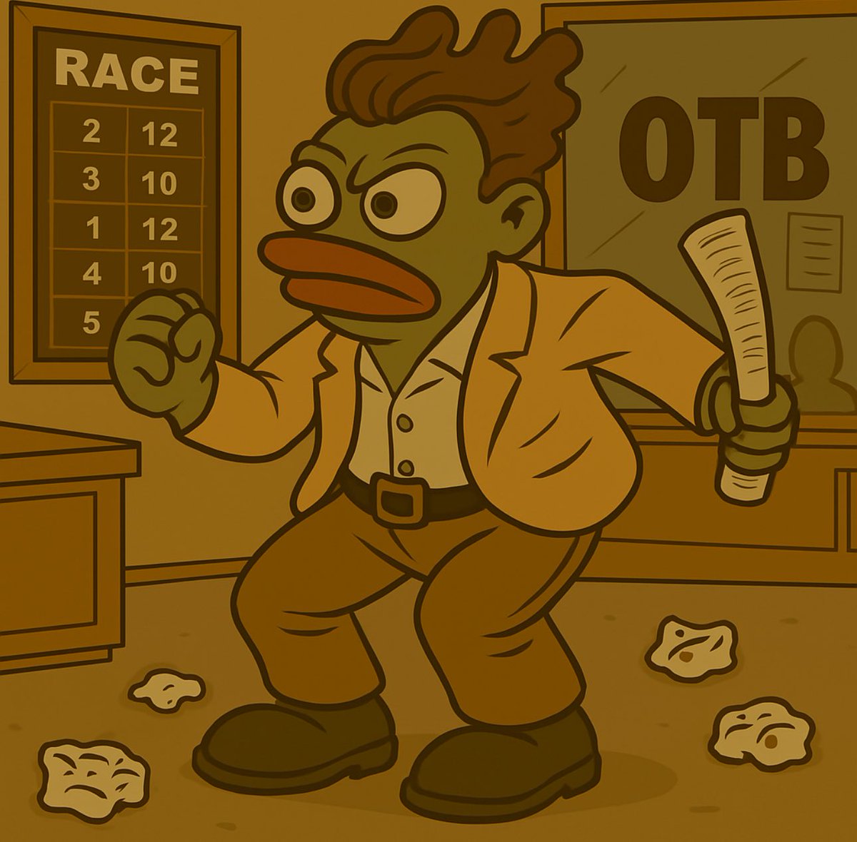 stackBTCs's tweet image. Spent my morning making a $pepe like image around the iconic Seinfeld scene when Kramer is at Off Track Betting and his horse starts to pump.