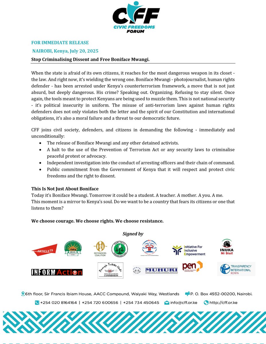 Immediate Release 
This is not justice  it is state repression in plain sight. A cowardly attempt to muzzle truth, intimidate dissent, and criminalize courage. As Mandela taught us: “It is the duty of the oppressed to rebel.” We demand his immediate release. #FreeBonifaceMwangi