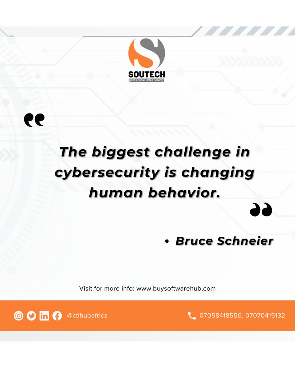 ctlhubafrica's tweet image. 🔐 Cybersecurity isn&apos;t just about firewalls and software it&apos;s about mindset.
Changing human behavior is the real challenge.
— Bruce Schneier

#CyberSecurity #DigitalSafety #SOUTECH #TechWisdom #InfoSec