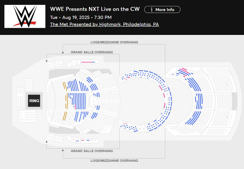 WrestleTix's tweet image. WWE Presents NXT Live on the CW
Tue • Aug 19, 2025 • 7:30 PM
The Met Presented by Highmark, Philadelphia, PA
Available Tickets: 777
Current Setup: 1,708
Tickets Distributed: 931
🟢 First Count
📅 Days until show: 30
🔢 Total # of seats on map: 3,427
💵 Cheapest Ticket…