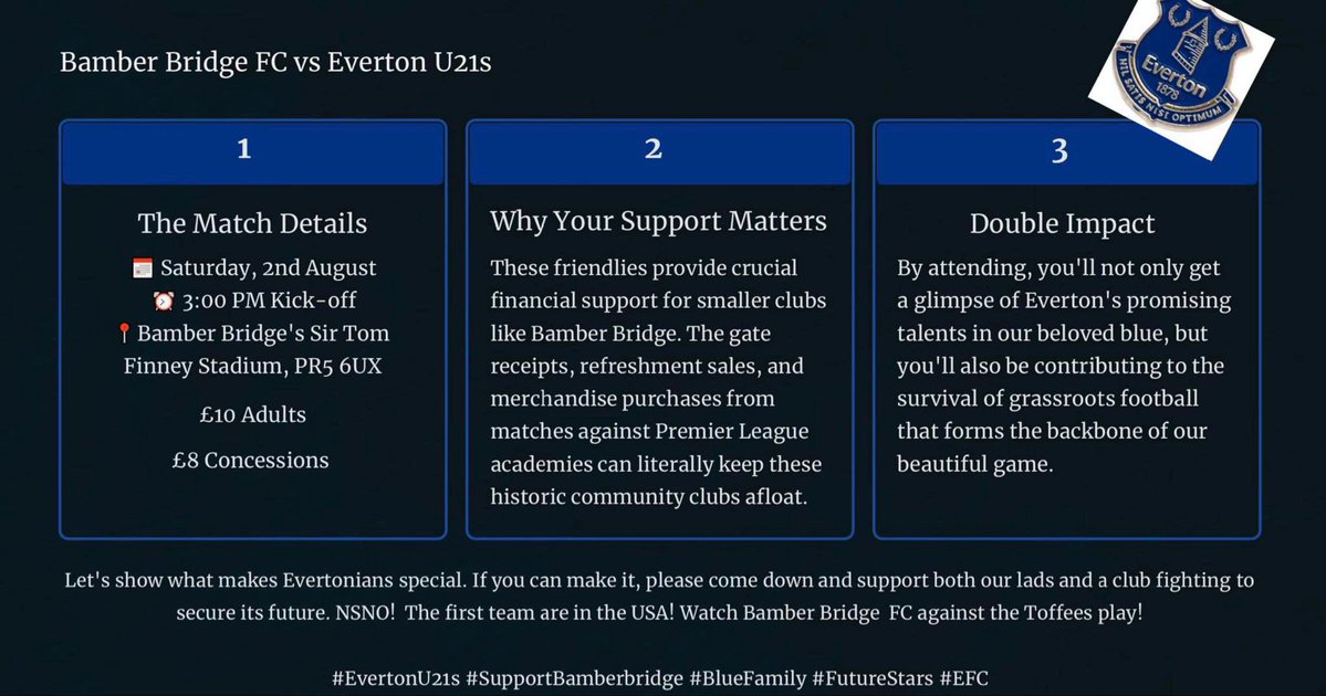 Harry Watkinson (@hjwatkinson) on Twitter photo Blues, if you can, please help support <a href="/BamberBridgeFC/">Bamber Bridge FC</a> by attending our U21βs fixture on Saturday 2nd August, 3pm π
Every penny #BBFC raise is vital for the club, which is at the centre of the community. A big day for themπ #EFC Blues, if you can, please help support <a href="/BamberBridgeFC/">Bamber Bridge FC</a> by attending our U21βs fixture on Saturday 2nd August, 3pm π
Every penny #BBFC raise is vital for the club, which is at the centre of the community. A big day for themπ #EFC