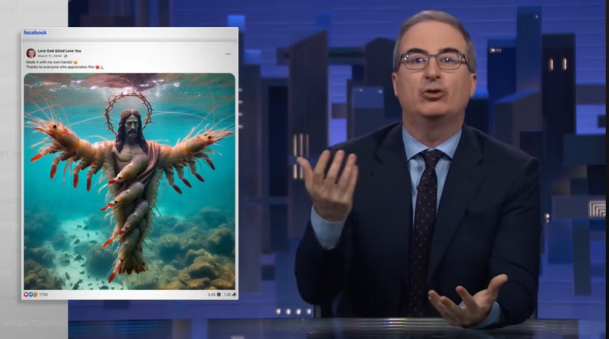 ChemistryKit's tweet image. In 2022 I ran a class at Falmouth Uni on AI in which a student created &apos;Shrimpalaba, his shrimpiness, god of shrimp&apos;. It soon spread as a joke, appearing on multiple courses. 

3 weeks ago it appeared on @LastWeekTonight blamed for destroying the internet. 

What have I wrought?