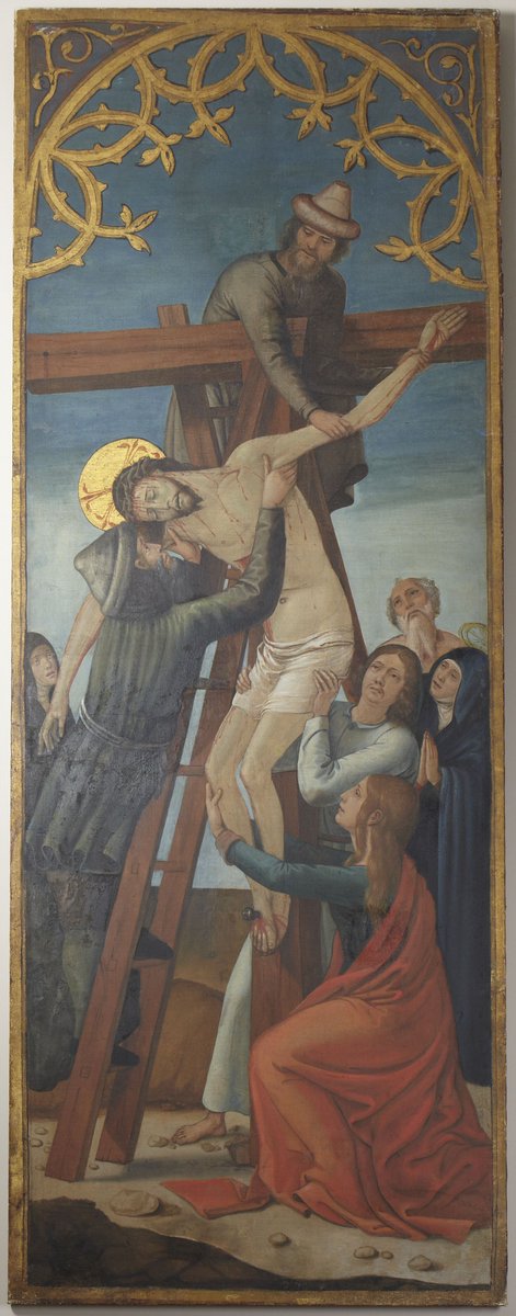 Boro_RR's tweet image. Sarga con un descendimiento de la cruz atribuido a Juan de Borgoña. Su tamaño, 254.3 × 95.5 cm, y su soporte, sarga, ha hecho que se baraje su uso como una de las puertas de un órgano (supongo que la parte superior).
En el Princeton University Art Museum
