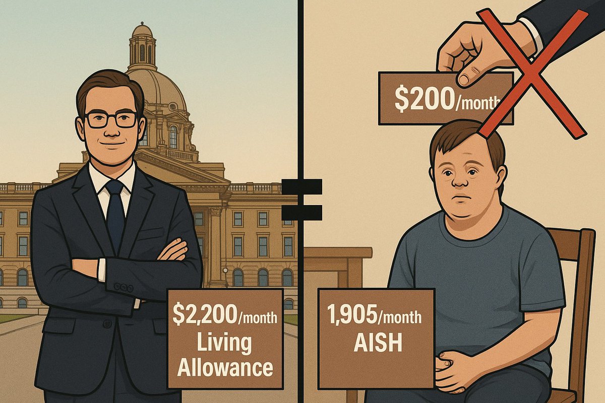 iceTyyc's tweet image. Alberta MLAs receive a $2,200/month living allowance, persons with severe disabilities receive $1,901 (entire monthly income) through AISH. With the Alberta clawing back the $200/month federal CDB, people with disabilities will remain $3,540/year behind. #ABLeg #YYC