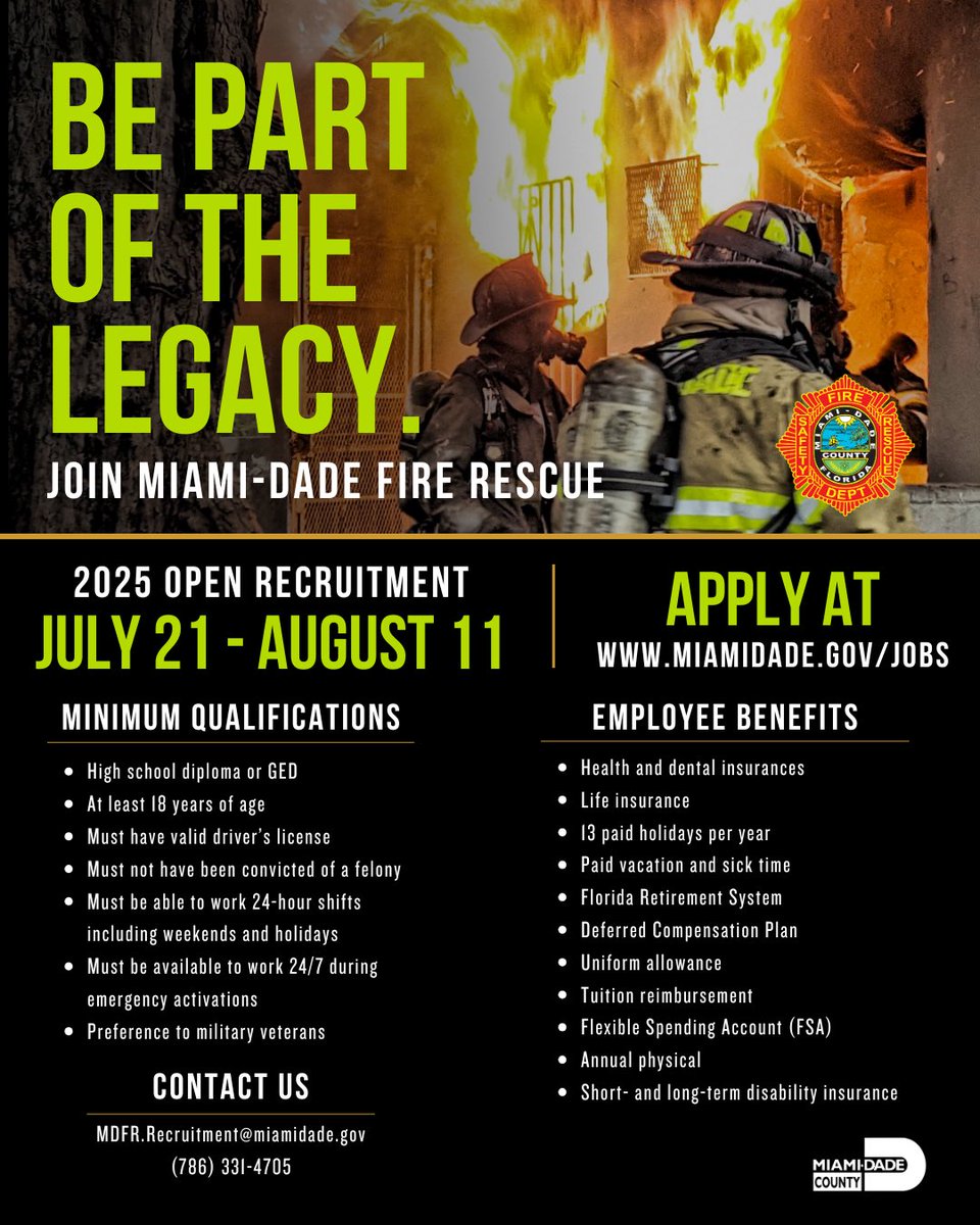 MiamiDadeFire's tweet image. Your chance to be part of the #MDFR legacy begins tonight at midnight when open recruitment officially starts!
Check out that graphic to learn more about the qualifications, benefits, and get additional information about the MDFR Firefighter position.
Have questions? Reach…