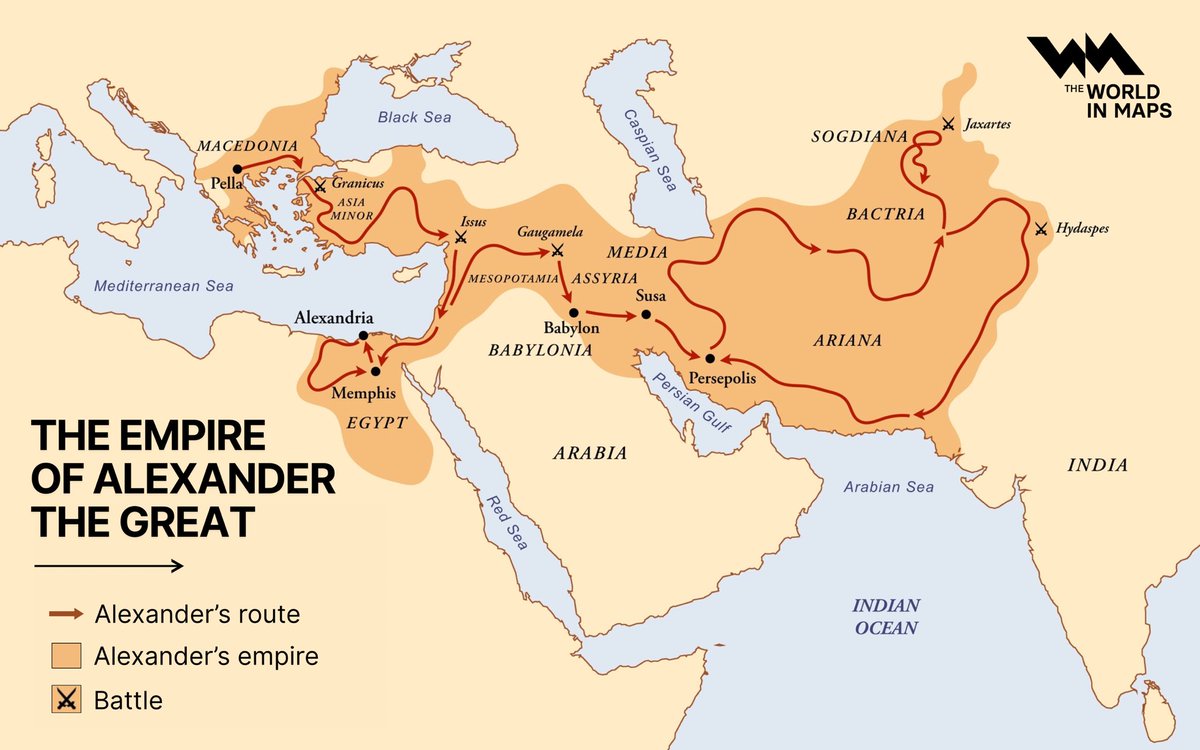 xruiztru's tweet image. #OnThisDay in 356 B.C, Alexander the Great was born in Pella, the ancient capital of Macedonia.
One of the most extraordinary military leaders in history, Alexander conquered a vast territory stretching from Greece to Egypt and as far as India—all before the age of 33.