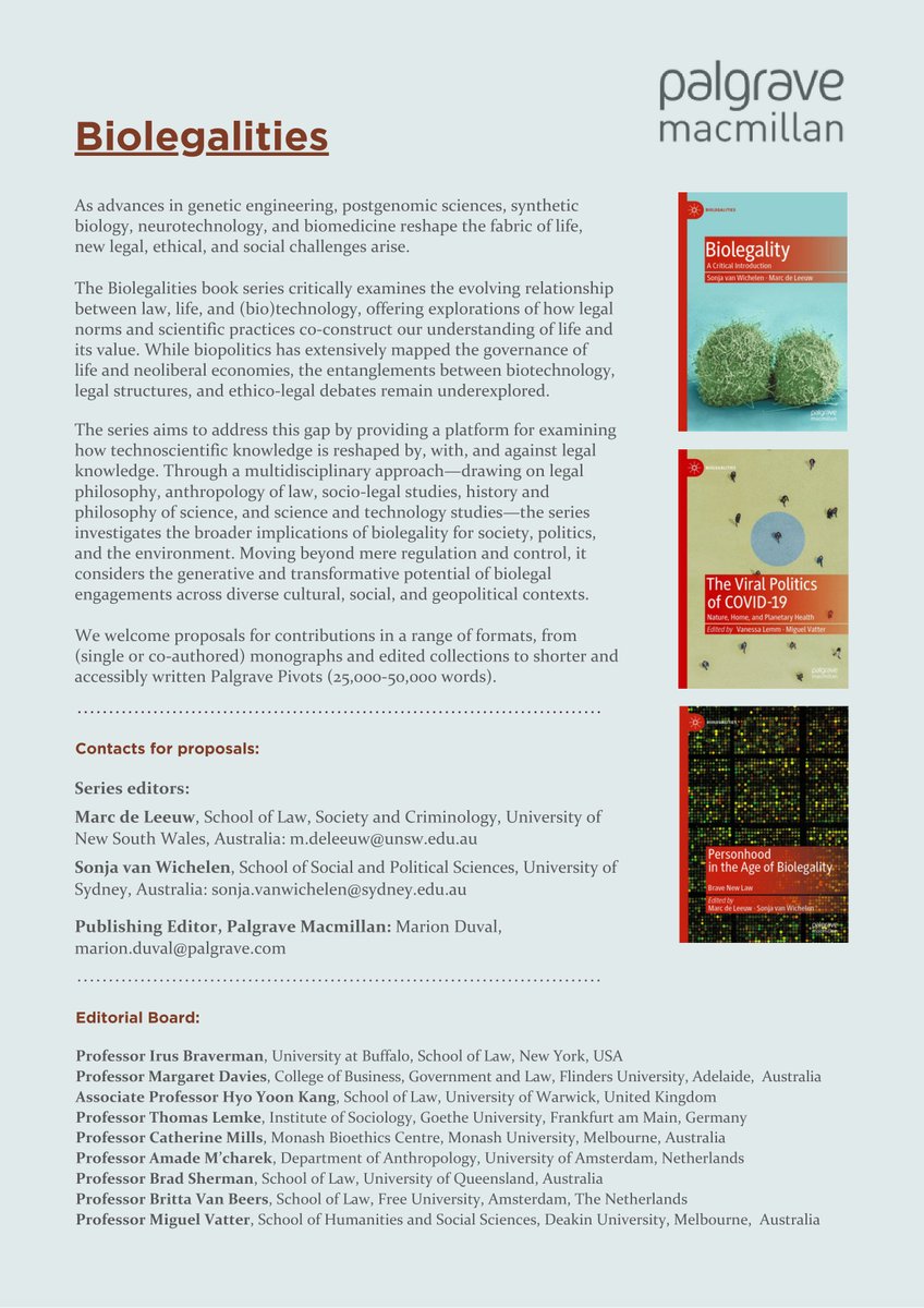 Palgrave's tweet image. ️Call for proposals: Palgrave’s 'Biolegalities' series is a home for books that critically examine the evolving relationship between law, life, and (bio)technology. Series editors: Sonja van Wichelen and Marc de Leeuw.
Would you like to discuss a book idea? Details here:…