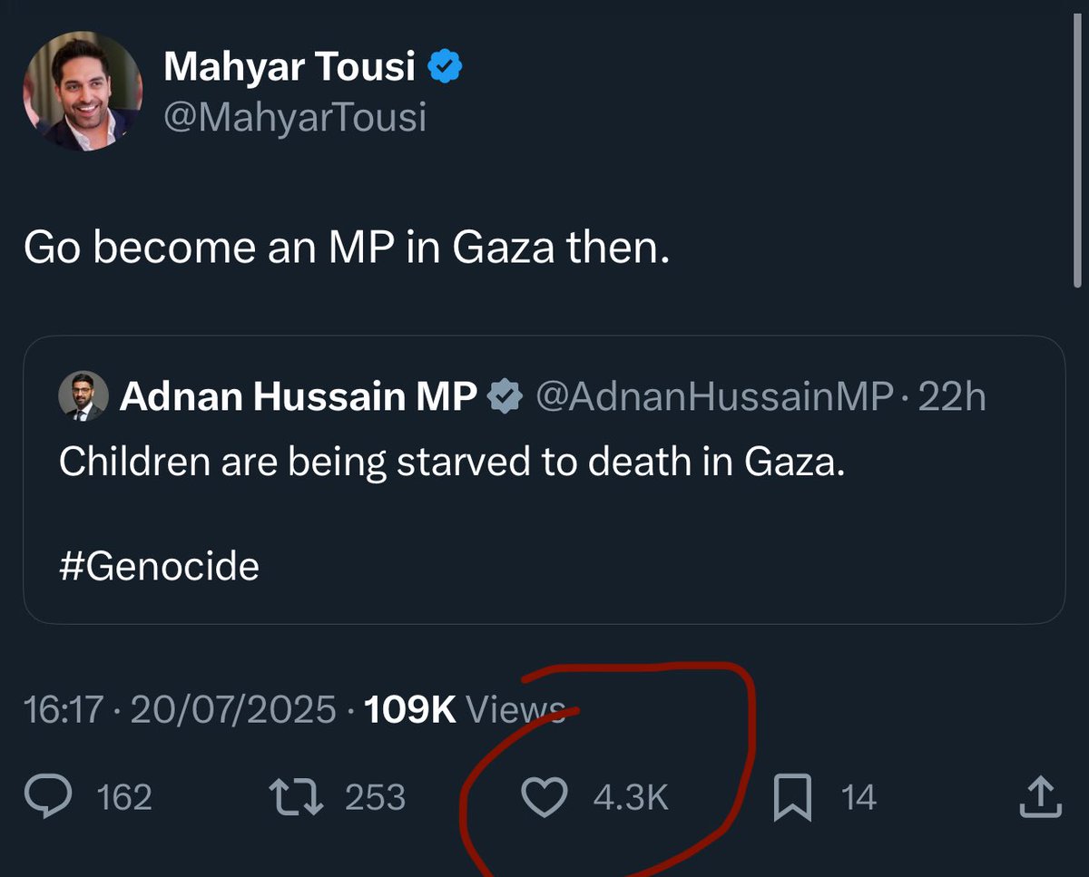 MahyarTousi's tweet image. The ratio suggests the public want Adnan Hussain as a Gaza MP.