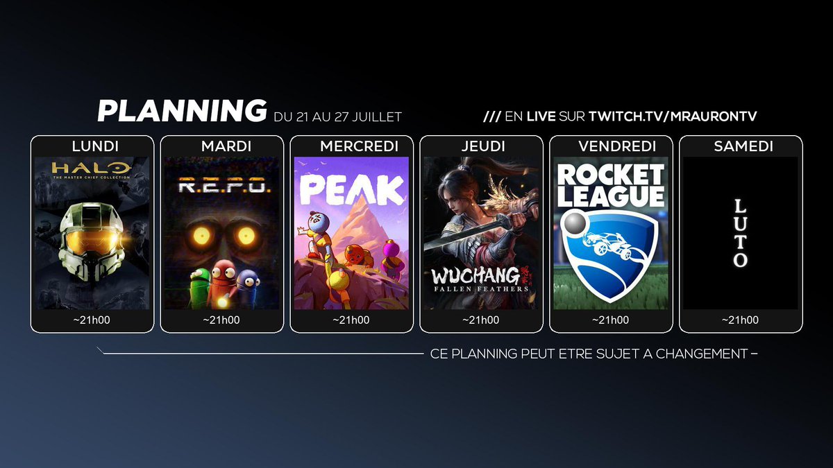 MrAuronTV's tweet photo. Planning twitch du 21 au 27 juillet !

Twitch : https://t.co/vj7r5SHtkg

#streamer #youtuber #jeuxvideo #gaming #gamer #instagram #pcgamer #picoftheday #potd #frenchgamer #twitch #me #moi #instagood #followｍe #discoverunder1k #discoverunder5k #discoverunder10k https://t.co/3lmix1L0AH