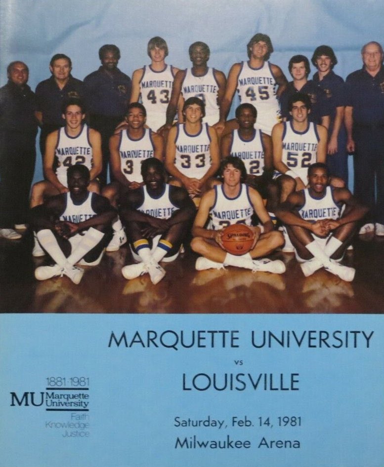 MUOverload's tweet image. Game program for @MarquetteMBB versus Louisville (@LouisvilleMBB) on February 14, 1981 #mubb