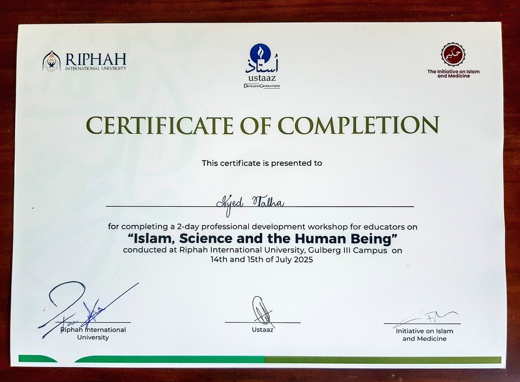 طلحہ عابدی (@drsyedtalhashah) on Twitter photo This week, it was a great experience attending some of the workshops held at <a href="/Riphah/">Riphah University</a> University, Lahore Campus, by <a href="/initiative4im/">The Initiative on Islam and Medicine (II&M)</a> & Ustaaz Institute. I attended the sessions by Shaykh <a href="/BilalAliAnsari/">Bilal Ali</a> , Dr <a href="/aasim_padela/">Aasim I. Padela</a> and Mufti Atif Karamat, among others This week, it was a great experience attending some of the workshops held at <a href="/Riphah/">Riphah University</a> University, Lahore Campus, by <a href="/initiative4im/">The Initiative on Islam and Medicine (II&M)</a> & Ustaaz Institute. I attended the sessions by Shaykh <a href="/BilalAliAnsari/">Bilal Ali</a> , Dr <a href="/aasim_padela/">Aasim I. Padela</a> and Mufti Atif Karamat, among others