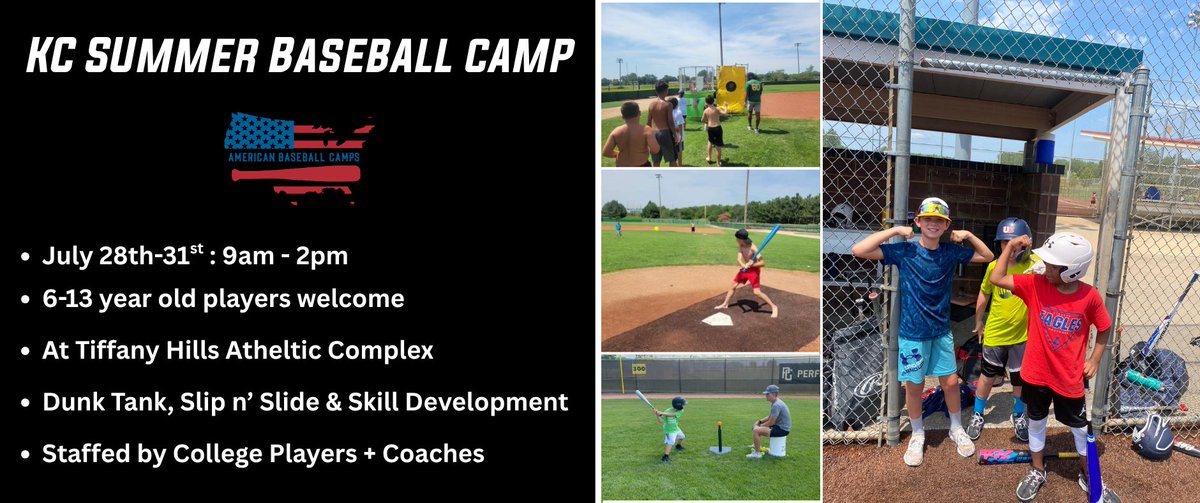 BaseballIQ_App's tweet image. 🚨 KC SUMMER BASEBALL CAMP!
• July 28th-31st : 9am - 2pm
• 6-13 year olds welcome
• At Tiffany Hills Atheltic Complex
• Dunk Tank, Slip n’ Slide & Skill Development
• Staffed by College Players + Coaches
⭐️ 4 Spots Left: americanbaseballcamps.com/product/kansas…