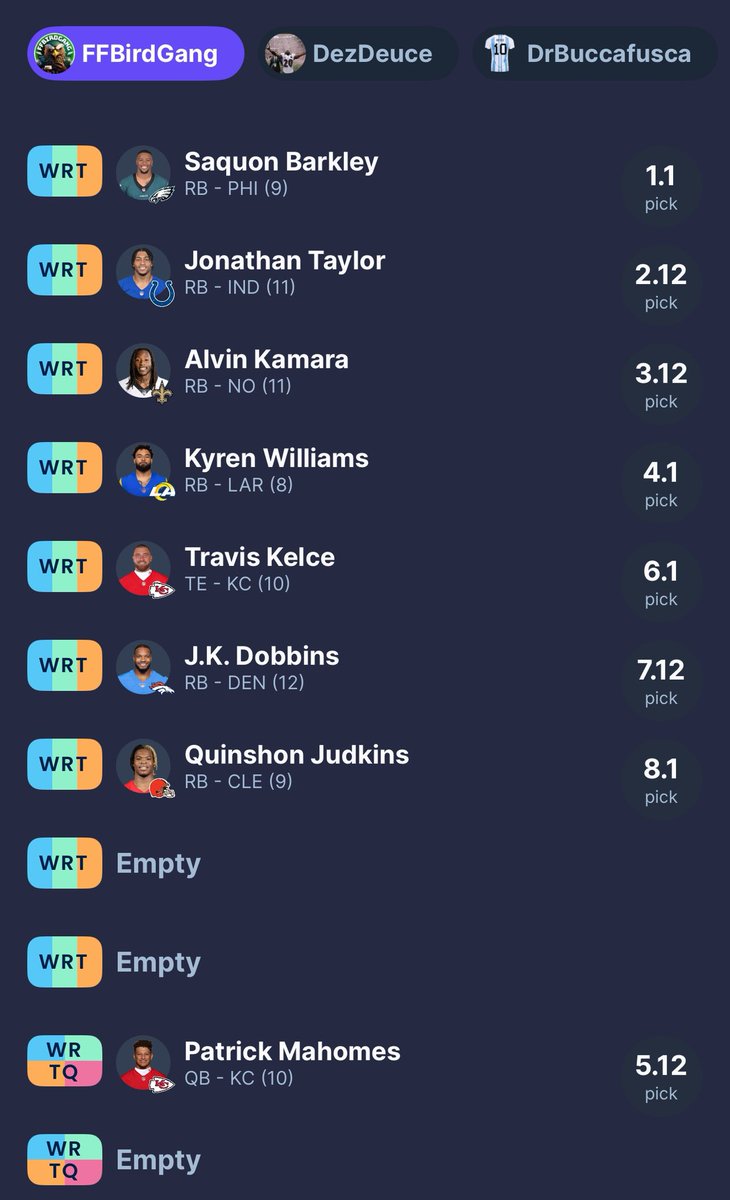 FFBirdGang's tweet image. Alright, shits getting weird now #SFB15

➕ JK Dobbins (7.12)
➕ Quinshon Judkins (8.01)

In the other two live Baltimore drafts going on, Judkins went in the 7th despite the legal updates.