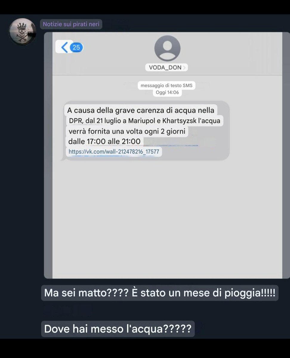 4LEX5's tweet image. La meravigliosa realtà quotidiana dei territori occupati attraverso le chat dei (ex?) filorussi.
("Notizie sui pirati neri" è il canale di un propagandista filorusso molto noto che gestisce e censura diversi canali in città, evidentemente la sete è una brutta bestia)
