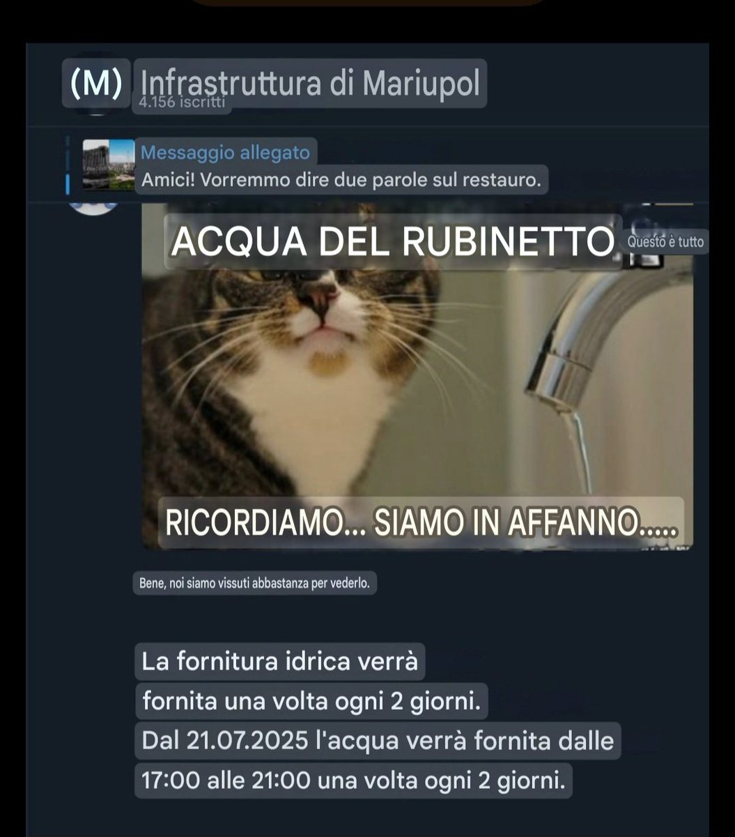 4LEX5's tweet image. La meravigliosa realtà quotidiana dei territori occupati attraverso le chat dei (ex?) filorussi.
("Notizie sui pirati neri" è il canale di un propagandista filorusso molto noto che gestisce e censura diversi canali in città, evidentemente la sete è una brutta bestia)