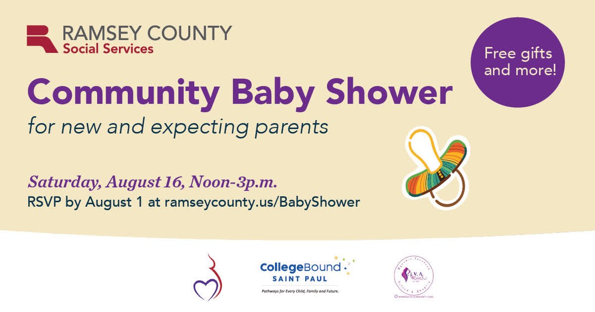 RamseyCounty's tweet image. Are you a new or expecting parent? Bring your family and join us at Ramsey County's Mothers First Annual Community Baby Shower for a day of connection and support. There will be free food, games and giveaways. RSVP by August 1 at ramseycounty.us/BabyShower.