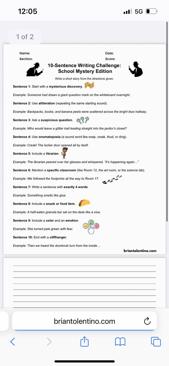 10-Sentence Writing Challenge: School Mystery Edition!

Link: briantolentino.com/10-sentence-wr…