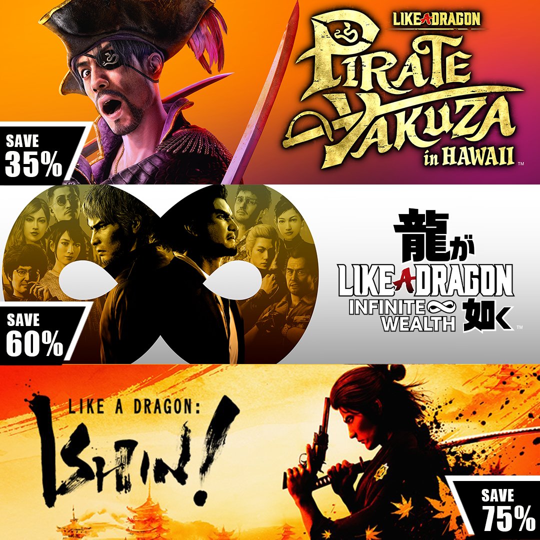 RGGStudio's tweet image. SAVE BIG on Like a Dragon games with some of our deepest dicounts ever now during the PlayStation Summer Sale🐉
🏴☠Like a Dragon: Pirate Yakuza in Hawaii (Deluxe Edition) - 35% OFF
🤙Like a Dragon: Infinite Wealth (Standard & Ultimate Editions) - 60% OFF
🏯Like a Dragon:…