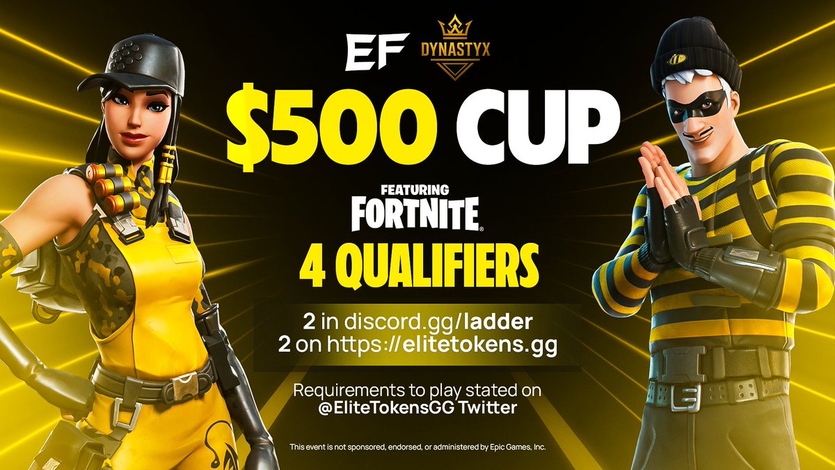 Elite $500 Cup! 💰

Requirements to play:
1) Follow <a href="/EliteFNDivision/">Elite Divisions</a> and <a href="/DynastyXesport/">DynastyX</a> 📝
2) Like &amp; Retweet ♻️
3) @ Your Duo below 👥
4) Subscribe to youtube.com/@EliteTokensGG 📺

Send proof of completing the above requirements to discord.gg/ladder to be granted the role!