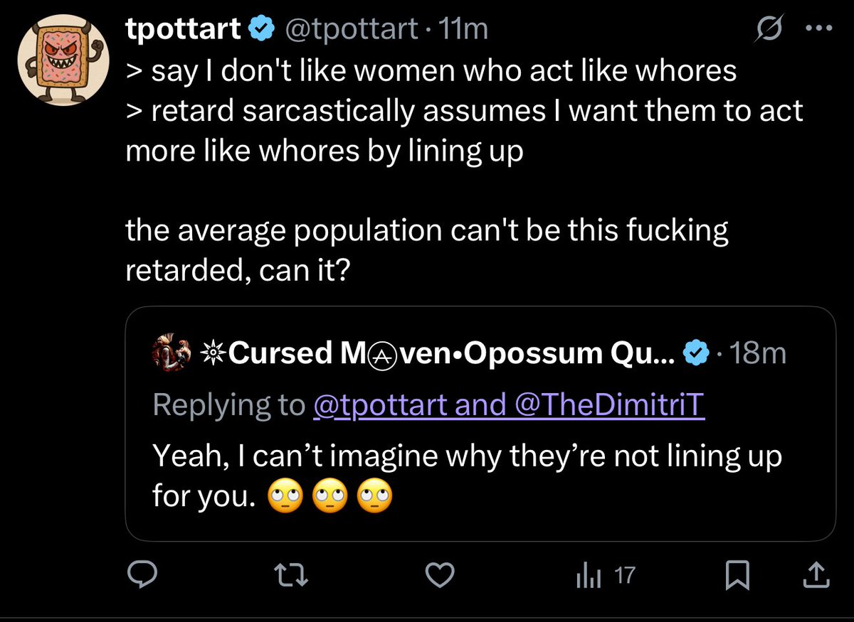 OpossumWarfare's tweet image. Top-tier incel and deep fear of women and rejection. 🤣🤣🤣🤣🤣🤣🤣💀💀💀💀
Never quote tweet and block. It just shows you are a weak bitch.