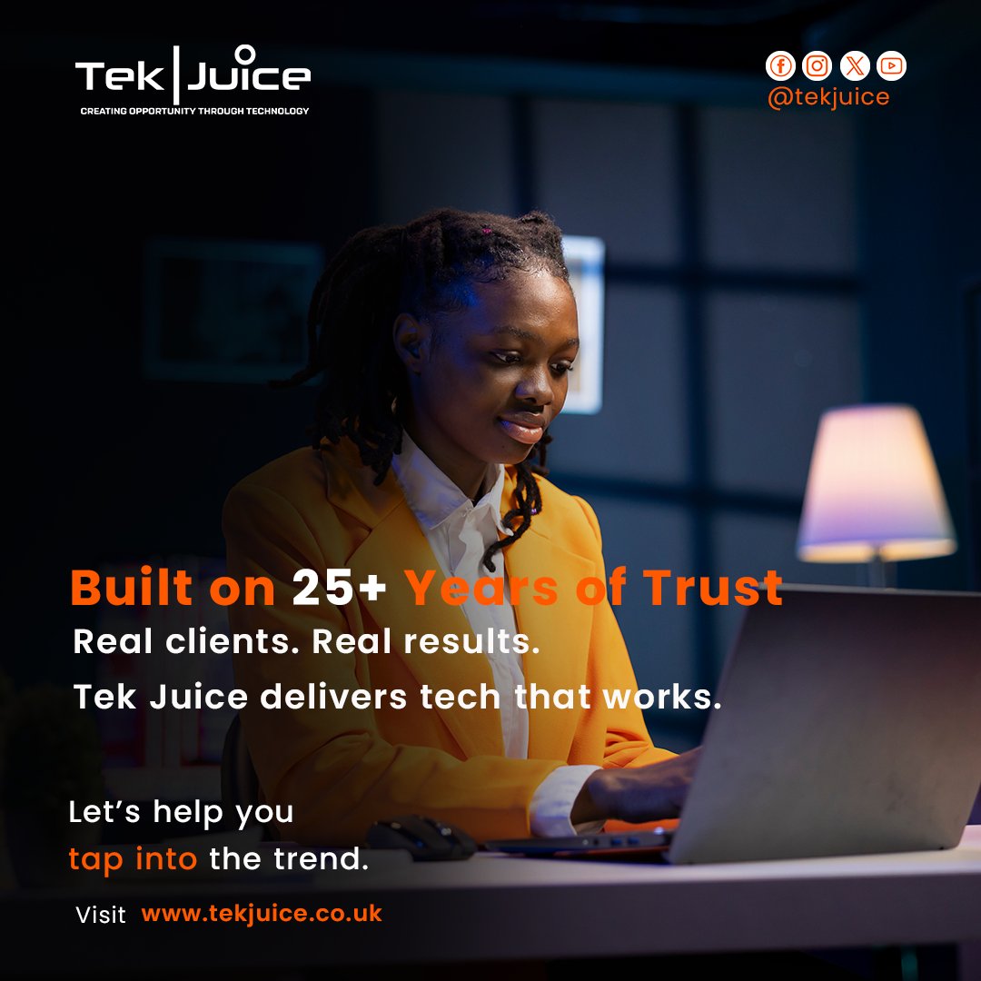 Built on 25+ years of trust. 
Real clients. Real results.
At Tek Juice, we deliver tech that works every time. 
#TechThatWorks #TekJuice #ProvenPerformance