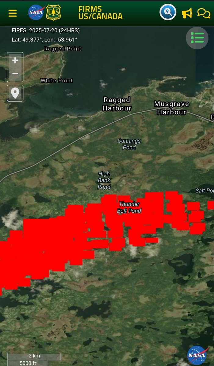 kellymbutt's tweet photo. NASA FIRMS fire map shows the proximity of the fire to Musgrave Harbour and surrounding areas. 

#NLwx https://t.co/hHT2141mqh