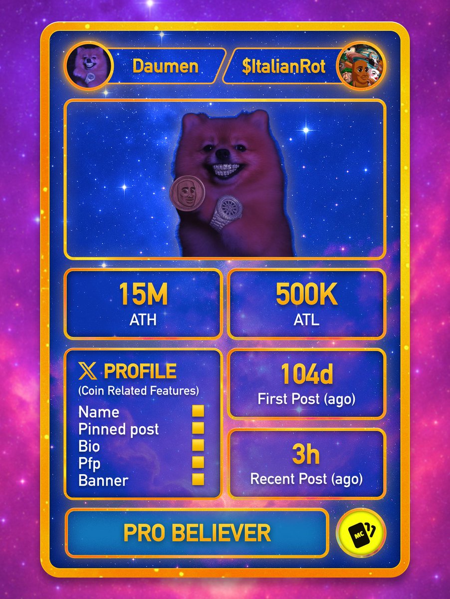 memecardz's tweet image. #italianrot Believer Card 🟡

@daumeneth has been believing for 104 days, still posting 3 hours ago.

ATH: 15M | ATL: 500K (from day of belief)