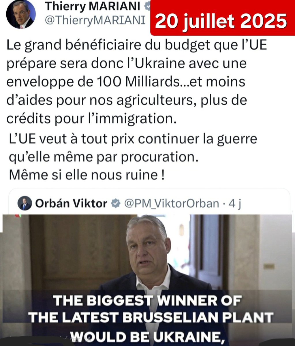 🤮LE RÉVOLTANT DOUBLE-JEU DU RN
Son eurodéputé Mariani nous refait son éternelle entourloupe
1️⃣il dénonce l'UE qui «veut la guerre et nous ruine»,en relayant ce 20 juillet un tweet alarmant du PM hongrois
2️⃣mais il reste au RN qui refuse le Frexit depuis 6 ans!
IL OBÉIT AU FRIC🇪🇺