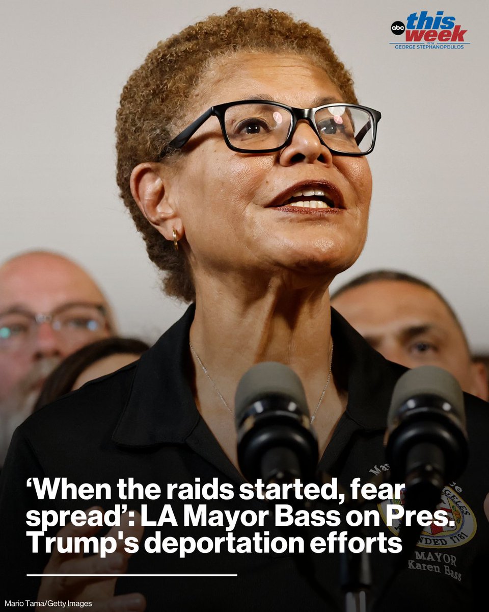ThisWeekABC's tweet image. As President Donald Trump marks six months into his second term, Los Angeles Mayor Karen Bass that the administration's immigration crackdown has not only sparked protests, but fear among the city's residents. abcnews.link/GJRaUFP